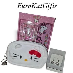 Hello Kitty Pink and White Stationery Set and Earrings NEW NWT